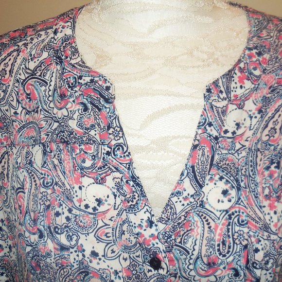 Blouse button-down 14W shirt Paisley Print Crepe relaxed top long sleeve - Picture 3 of 9